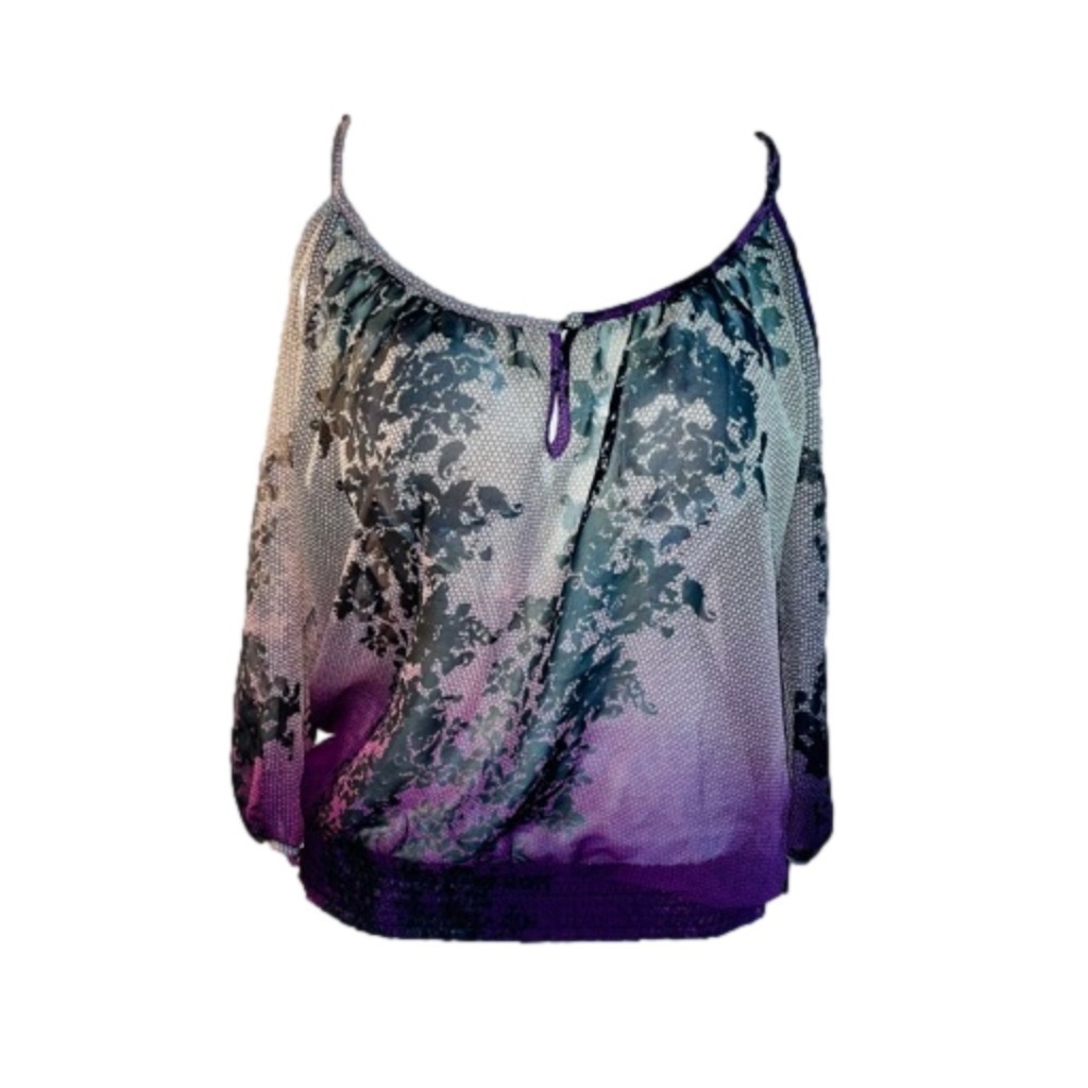 Beautiful Rampage Adjustable Spaghetti Strap Purple Botanical Sheer Blouse Large